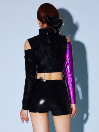 パープルダンスコスチュームレディースジャズヒップホップポリエステルトップパンツセットダンスウェア