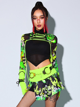 ジャズダンスコスチューム レディース ポリエステル ジャズ セクシー ハイカラー トップ スカート セット ダンスウェア