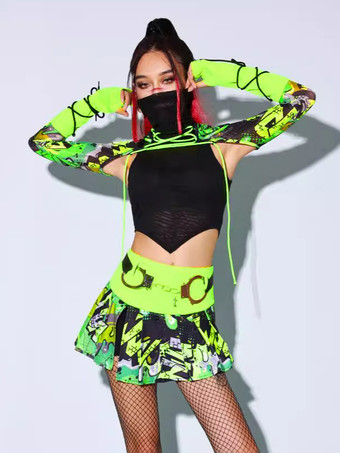 ジャズダンスコスチューム レディース ポリエステル ジャズ セクシー ハイカラー トップ スカート セット ダンスウェア