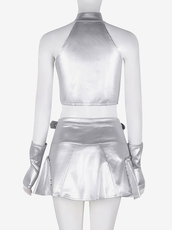 ジャズダンスコスチューム レディース シルバー フロントジッパー ジャズダンスセット ダンスウェア