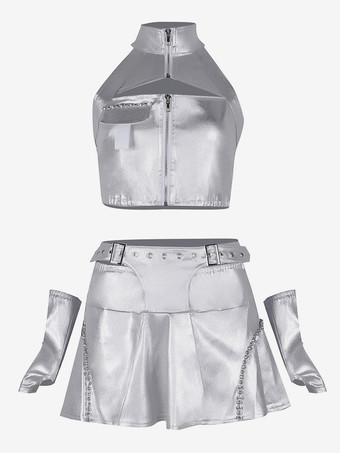 ジャズダンスコスチューム レディース シルバー フロントジッパー ジャズダンスセット ダンスウェア