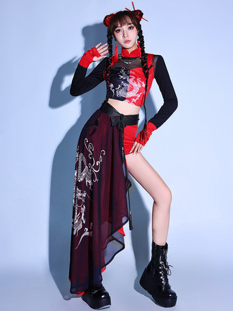 ダンスコスチューム レディース ジャズ ドラゴンプリント ダンスウェアセット