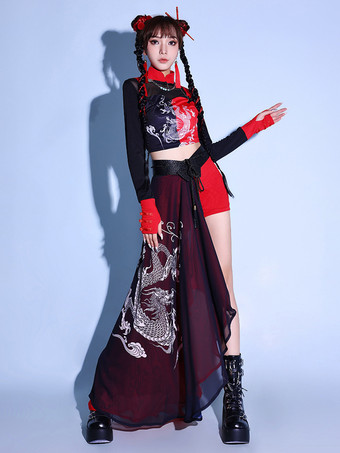 ダンスコスチューム レディース ジャズ ドラゴンプリント ダンスウェアセット