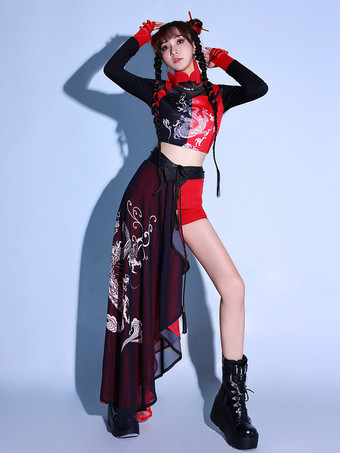 ブラック ダンスコスチューム レディース ジャズ ドラゴンプリント ダンスウェアセット