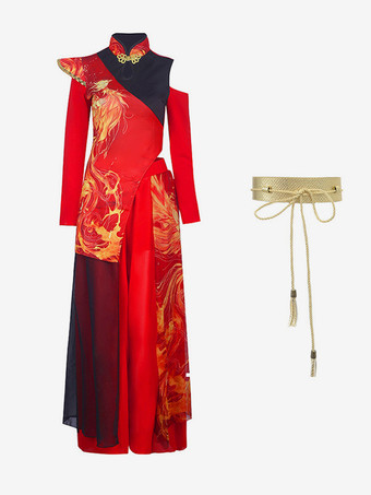 赤いダンス衣装 レディース ジャズ ハイカラー 中国風 ダンスウェア セット