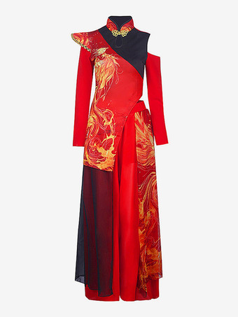 赤いダンス衣装 レディース ジャズ ハイカラー 中国風 ダンスウェア セット