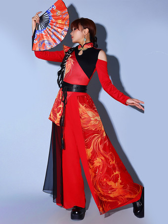 赤いダンス衣装 レディース ジャズ ハイカラー 中国風 ダンスウェア セット