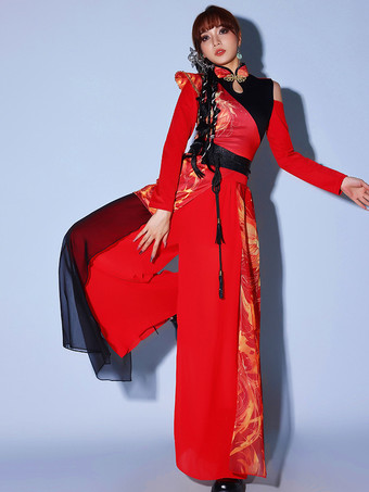 赤いダンス衣装 レディース ジャズ ハイカラー 中国風 ダンスウェア セット