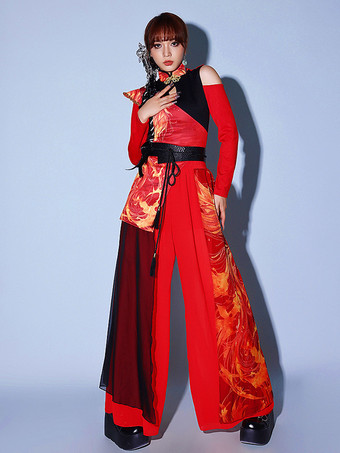 レッド 赤いダンス衣装 レディース ジャズ ハイカラー 中国風 ダンスウェア セット