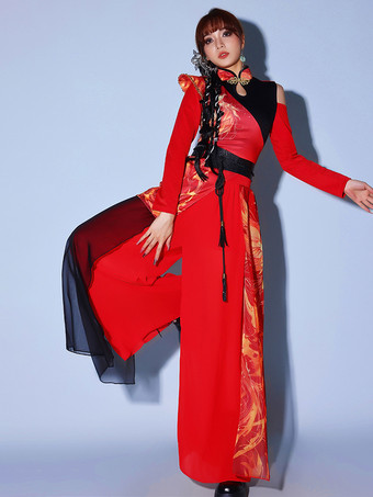 レッド ダンス衣装 レディース ジャズダンス 中国風 ダンスウェア セット