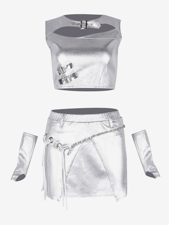 ジャズダンスコスチューム シルバー レディース ポリエステル トップ スカート セット ダンスウェア