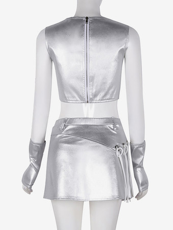 ジャズダンスコスチューム シルバー レディース ポリエステル トップ スカート セット ダンスウェア