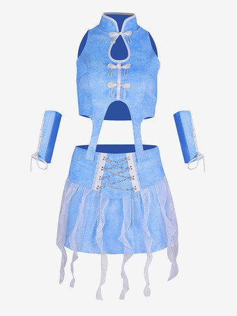 ジャズダンスコスチューム レディース レースアップ ハイカラー トップ スカート セット ダンスウェア