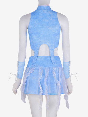 ジャズダンスコスチューム レディース レースアップ ハイカラー トップ スカート セット ダンスウェア