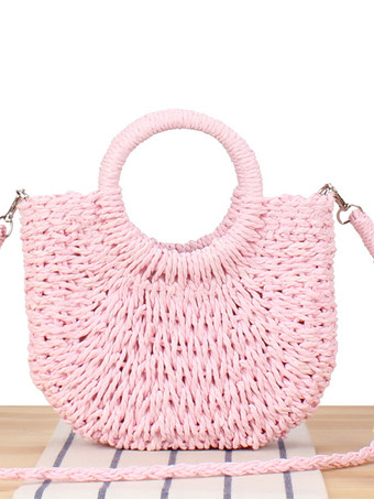 ピンク紙ロープ編みハンドバッグ ビーチバケーション クロスボディバッグ 女性用 2025