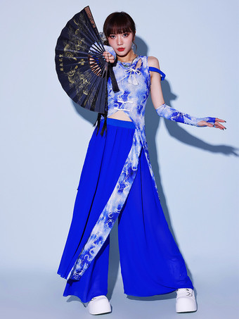 ブルー ダンスコスチューム ブルー ジャズダンス タイダイトップパンツ ダンスウェアセット