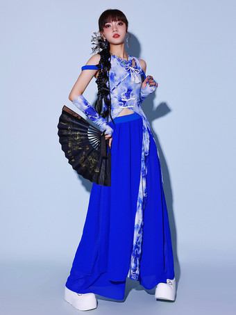 ダンスコスチューム ブルー ジャズダンス タイダイトップパンツ ダンスウェアセット