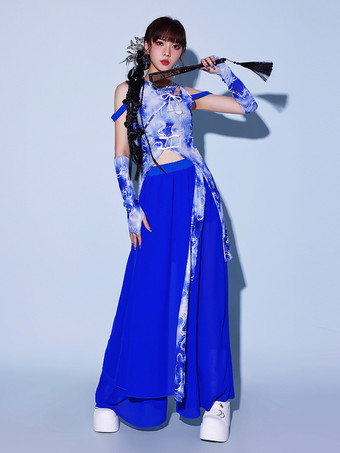 ダンスコスチューム ブルー ジャズダンス タイダイトップパンツ ダンスウェアセット