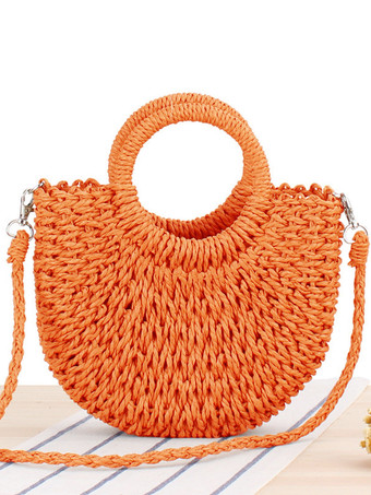 オレンジ 紙ロープ編みハンドバッグ ビーチバケーション クロスボディバッグ 女性用 2025