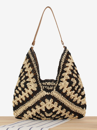 ブラック ペーパーロープ編みバッグ 大容量 バケーションショルダーバッグ 女性用 2025