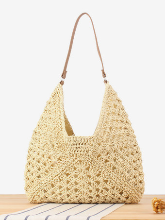 アイボリー ペーパーロープ編みバッグ 大容量 バケーションショルダーバッグ 女性用 2025