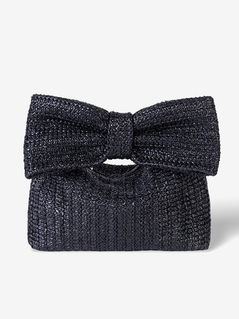 ブラック ボウ ストロー クラッチバッグ バケーション スモールバッグ レディース 2025