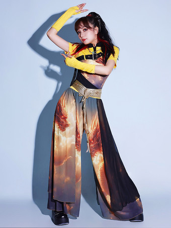 ダンスコスチューム レディース ジャズダンス 花柄トップ スプリットスカート ダンスウェアセット