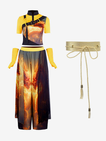 ダンスコスチューム レディース ジャズダンス 花柄トップ スプリットスカート ダンスウェアセット