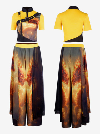 ダンスコスチューム レディース ジャズダンス 花柄トップ スプリットスカート ダンスウェアセット