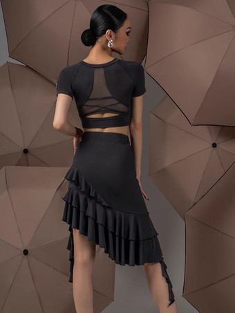 ラテンダンスドレス ブラック レディース フリル アシンメトリー セット セクシー ダンス コスチューム セット