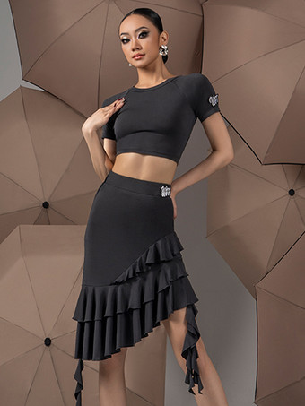 ラテンダンスドレス ブラック レディース フリル アシンメトリー セット セクシー ダンス コスチューム セット