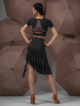 ラテンダンスドレス ブラック レディース フリル アシンメトリー セット セクシー ダンス コスチューム セット