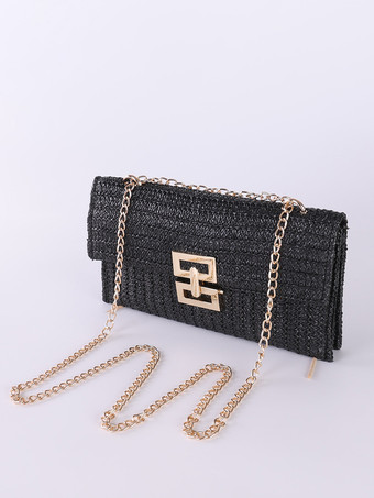 ブラック チェーン付きフラップストローバッグ マルチコンパートメント バケーションショルダーバッグ レディース 2025