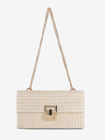 アイボリー チェーン付きフラップストローバッグ マルチコンパートメント バケーションショルダーバッグ レディース 2025