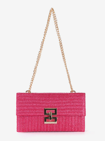 ローズレッドチェーン付きフラップストローバッグ マルチコンパートメント バケーションショルダーバッグ レディース 2025