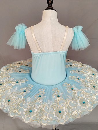 子供用バレエダンス衣装 ライトスカイブルー 刺繍レース オープンショルダー チュチュドレス