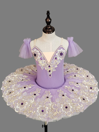 ラベンダーカラー子供用バレエダンス衣装 ライトスカイブルー 刺繍レース オープンショルダー チュチュドレス