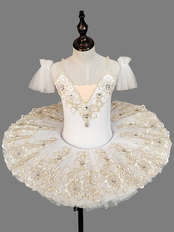 ホワイト 子供用バレエダンス衣装 ライトスカイブルー 刺繍レース オープンショルダー チュチュドレス
