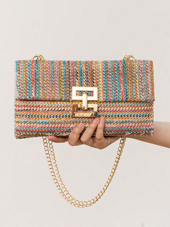 チェーン付きフラップストローバッグ マルチコンパートメント バケーションショルダーバッグ レディース 2025