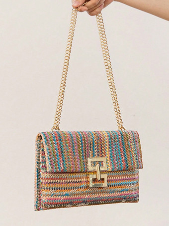 ライトスカイブルーチェーン付きフラップストローバッグ マルチコンパートメント バケーションショルダーバッグ レディース 2025