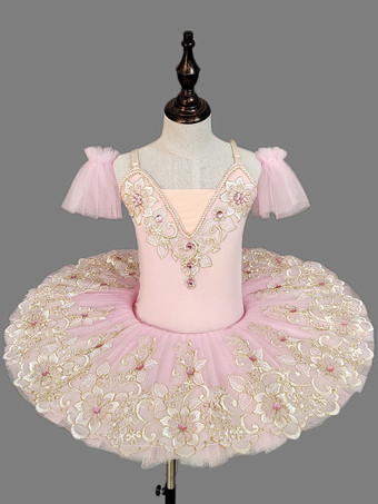 ピンク子供用バレエダンス衣装 ライトスカイブルー 刺繍レース オープンショルダー チュチュドレス