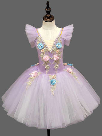 ラベンダーカラーバレエドレス ライトスカイブルー 子供用 バレリーナ フリル 花柄 チュチュドレス ドレス ダンスウェア