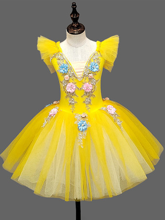 イエローバレエドレス ライトスカイブルー 子供用 バレリーナ フリル 花柄 チュチュドレス ドレス ダンスウェア