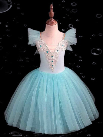 ライトスカイブルーバレエドレス 子供用 女の子 キャミソール レース オープンショルダー スカート レオタード 白鳥の湖 チュチュ バレリーナ コスチューム 競技用