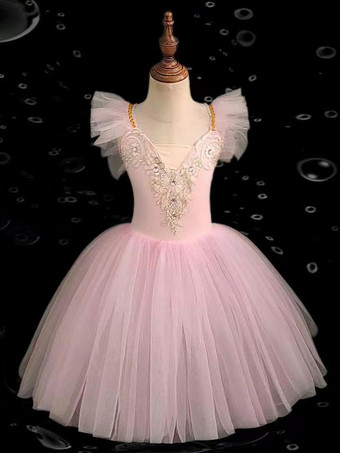 ピンクバレエドレス 子供用 女の子 キャミソール レース オープンショルダー スカート レオタード 白鳥の湖 チュチュ バレリーナ コスチューム 競技用