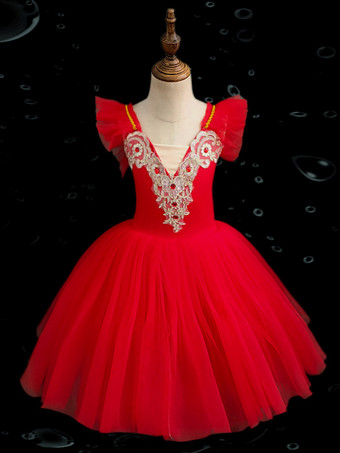 レッド バレエドレス 子供用 女の子 キャミソール レース オープンショルダー スカート レオタード 白鳥の湖 チュチュ バレリーナ コスチューム 競技用