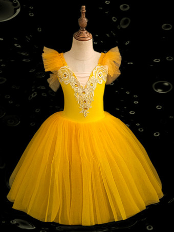 イエローバレエドレス 子供用 女の子 キャミソール レース オープンショルダー スカート レオタード 白鳥の湖 チュチュ バレリーナ コスチューム 競技用