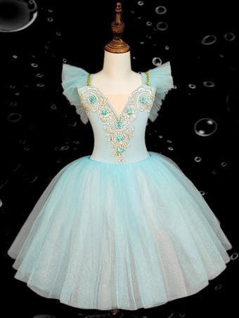 ライトスカイブルーキッズバレエダンスドレス 刺繍入りフリル バックレスバレエスカート キッズダンスパフォーマンス用