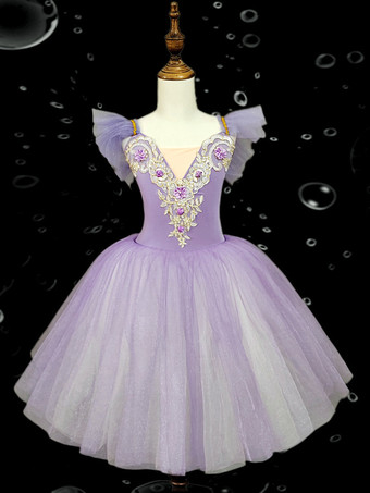 ラベンダーカラーキッズバレエダンスドレス 刺繍入りフリル バックレスバレエスカート キッズダンスパフォーマンス用
