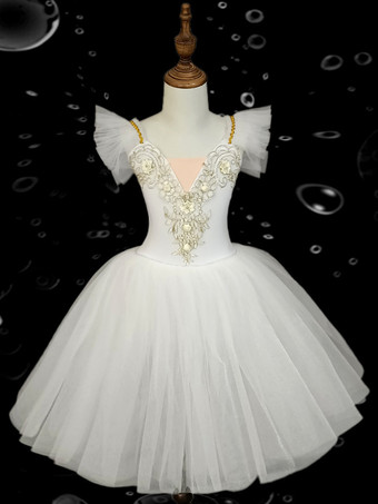 ホワイト キッズバレエダンスドレス 刺繍入りフリル バックレスバレエスカート キッズダンスパフォーマンス用